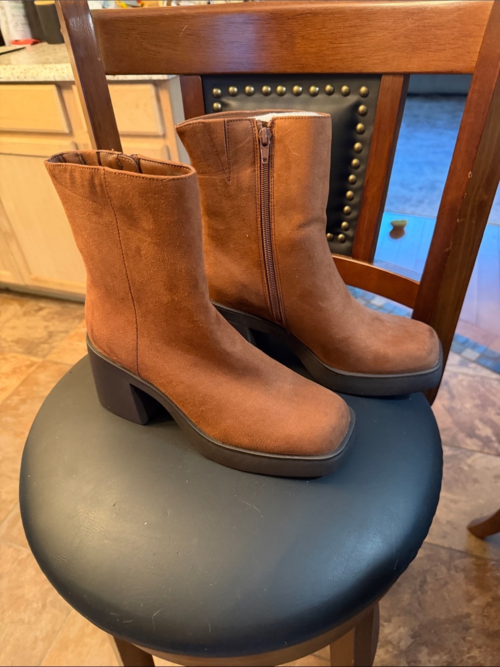 Brown Suede Mid-Calf Block Heel Boots - Women